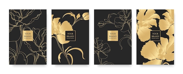 Vector floral dekking, frame ontwerpset met gouden bloemen op zwarte achtergrond. luxe premium achtergrond.