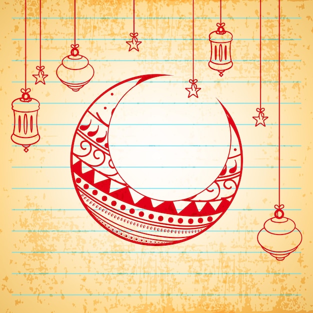 Вектор Цветочный дизайн украшенный луной с висящими арабскими лампами и звездами на фоне бумажного блокнота для празднования святого месяца мусульманского сообщества рамадан карим