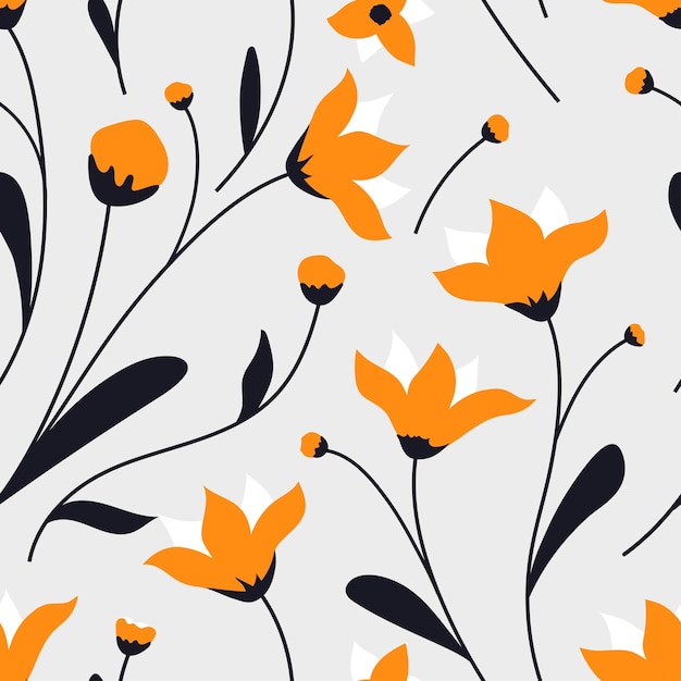 Floral design seamless pattern black and orange flowers on white background contrast print for fabric