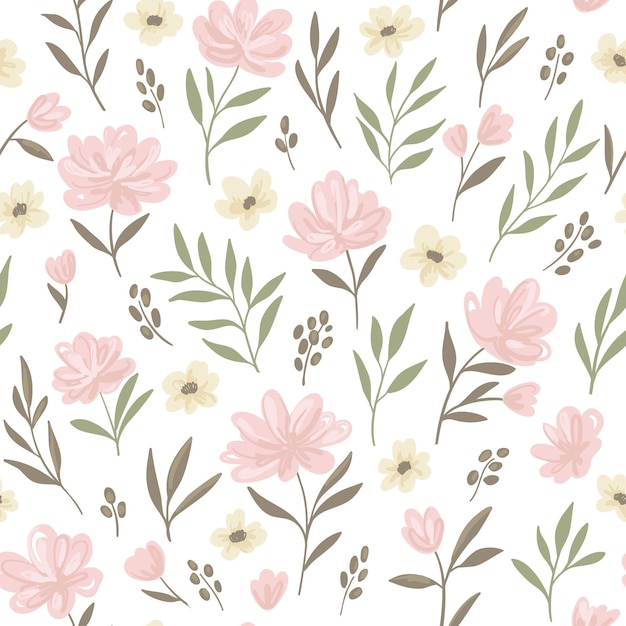 Vector floral ditsy  seamless pattern. pink flowers and branches in pastel color.