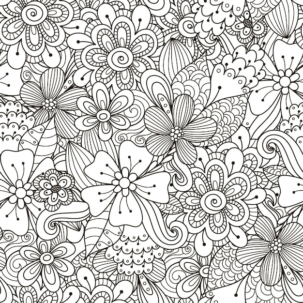 Vector floral doodle black and white seamless pattern