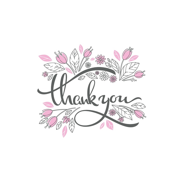 Floral doodle-elementen en dank u belettering samenstelling