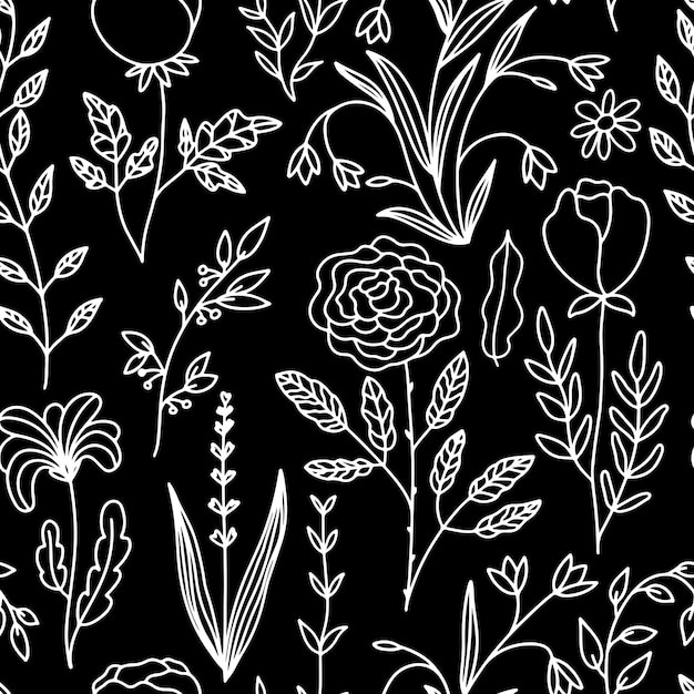 Floral doodle seamless pattern of flowers and herbs thin line sketch