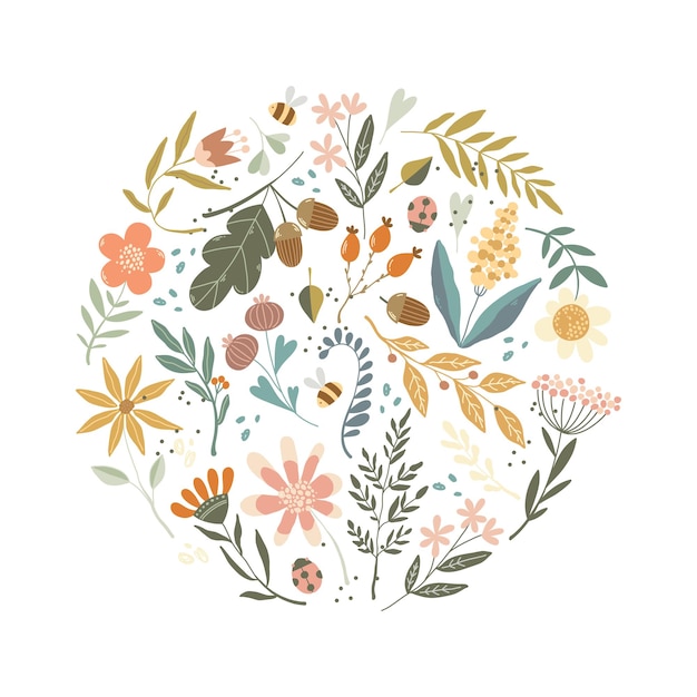 Floral doodle vector round illustration with wildflowers, acorns, leaves, bee and ladybug on texture