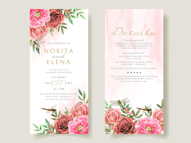 Floral and dragonfly painting watercolor wedding invitation card