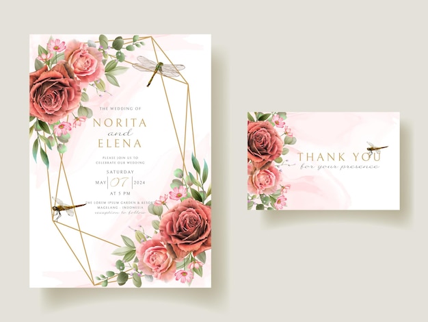 Floral and dragonfly painting watercolor wedding invitation card