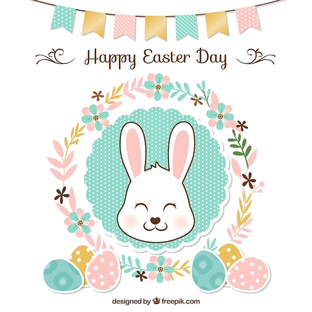 Floral easter background with garland and cute rabbit