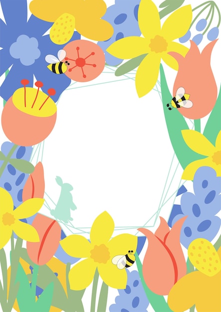 Вектор Цветочный пасхальный плакат весенние луговые цветы кролик шаблон баннера для охоты на пасхальные яйца поздравительная открытка векторная иллюстрация