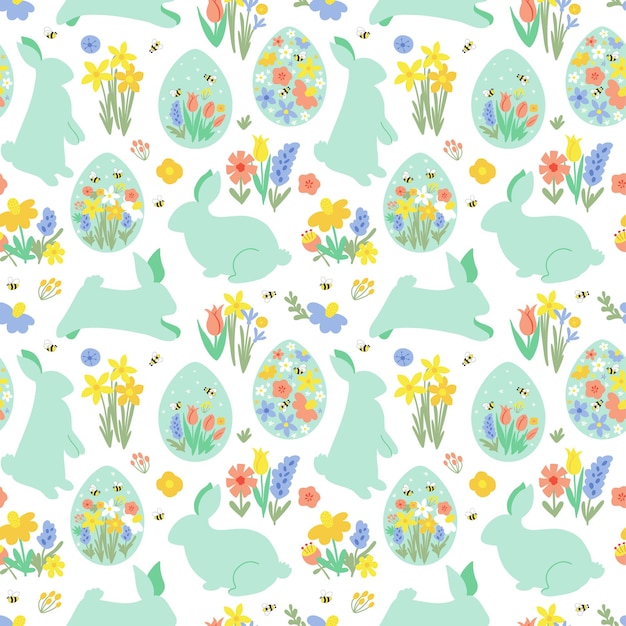 꽃 부활절 토끼 토끼 패턴 꽃 부활절 달걀 봄 인쇄 계란 사냥 초원 꽃 배경 벡터 패키지 디자인