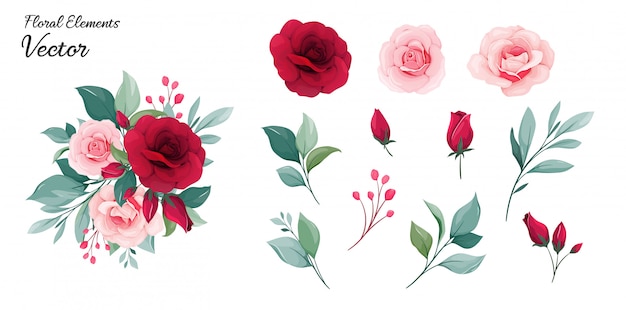 向量的元素。花朵装饰的红桃玫瑰鲜花、树叶、树枝