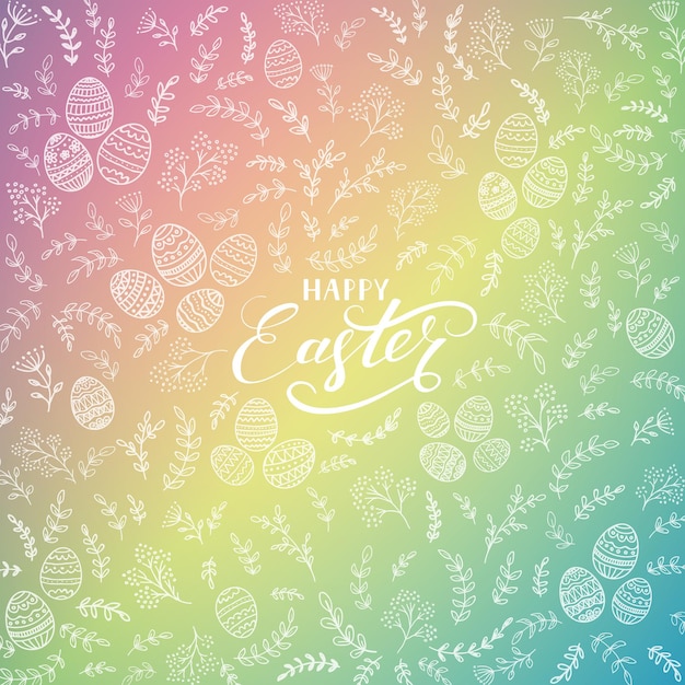 Vector floral elements with decorative eggs and lettering happy easter on colorful background, illustration.