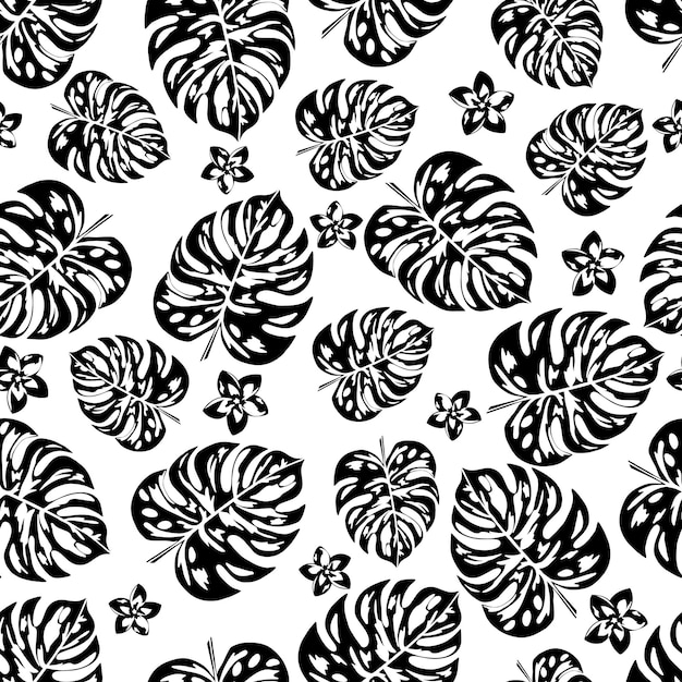 Floral exotic seamless pattern monstera leaves and flowers on white background ink line drawings