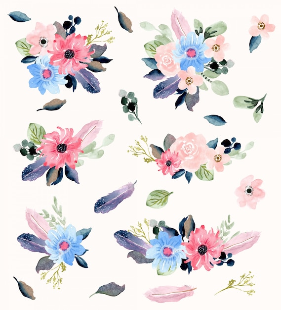 Vector floral and feather watercolor bouquet collection