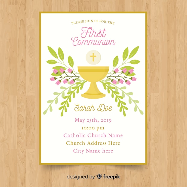 Floral first communion invitation template