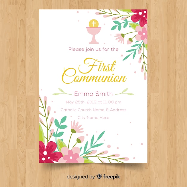 Vector floral first communion invitation template