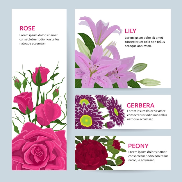 Floral flower card invitation vector set greeting postcard with flowering bouquet of rose lily gerbe...