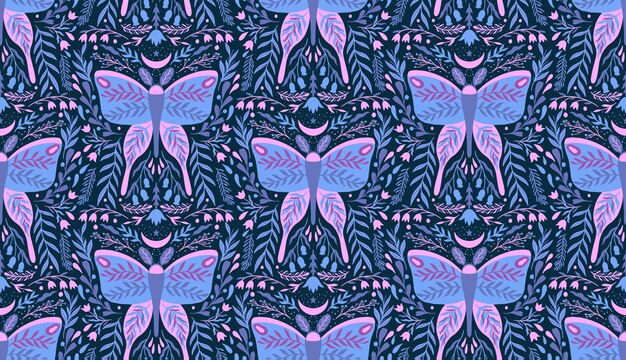 Floral flower and moth insect seamless pattern