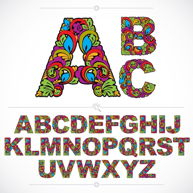 Floral font, hand-drawn vector capital alphabet letters decorated with botanical pattern. Colorful ornamental typescript, vintage design lettering.