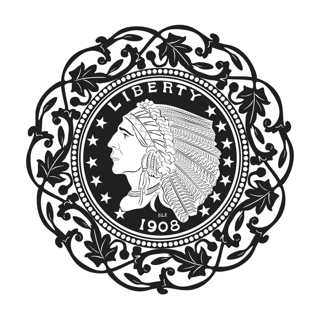 Cornice floreale e silhouette fatta a mano indiana di bufalo con moneta d'oro americana