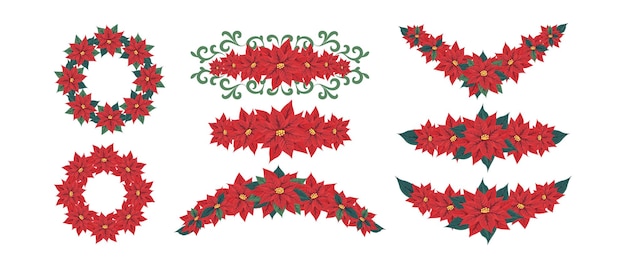 Vector floral frame border red poinsettia flower divider a set of floral decor for christmas and new year