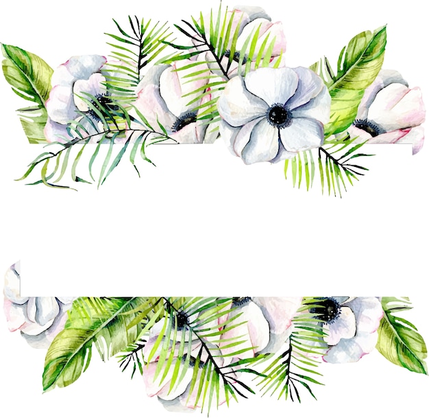 Floral frame border with watercolor anemones and palm leaves