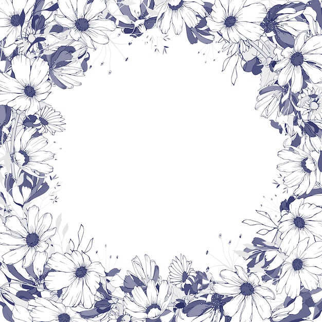 Floral frame of contour blue flowers and leaves