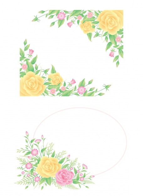 Vector floral frame decoration, colorful rose flowers and leaves