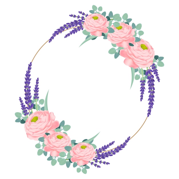 Vector floral frame design with ranunculus rose and lavender flowers.