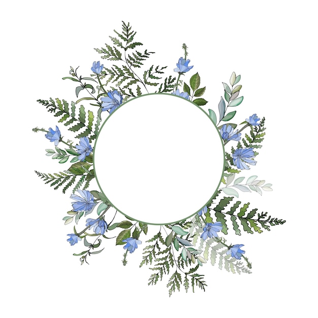 Vector floral frame from fern, eucalyptus branches,green leaves,herbs,blue chicory flowers