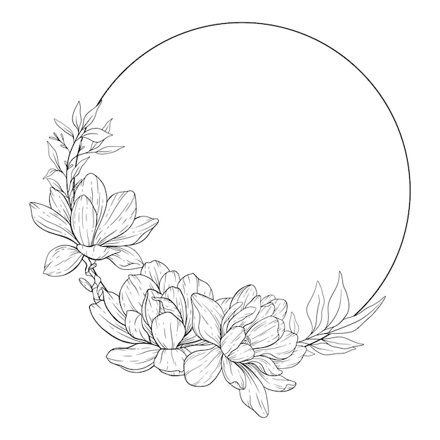 Floral Frame Line Art Magnolia Floral Frame Outline Illustration