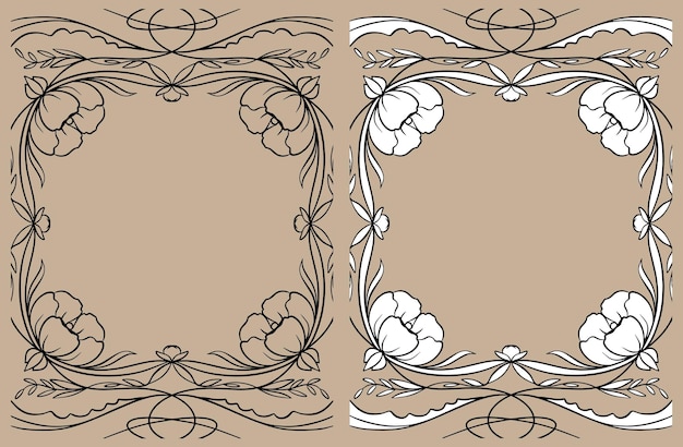 Floral frame linear black and white vector drawing. For coloring books. For books.