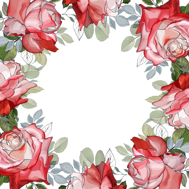 Floral frame met rode en witte bloemen roos Plaats voor tekst Hand getrokken