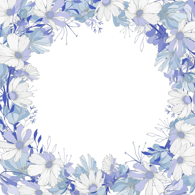 Floral frame of pastel blue flowers and leaves