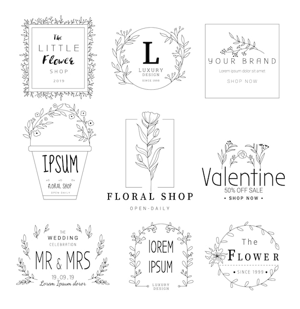 Vector floral frame set for wedding, flower shop, hand drawn style