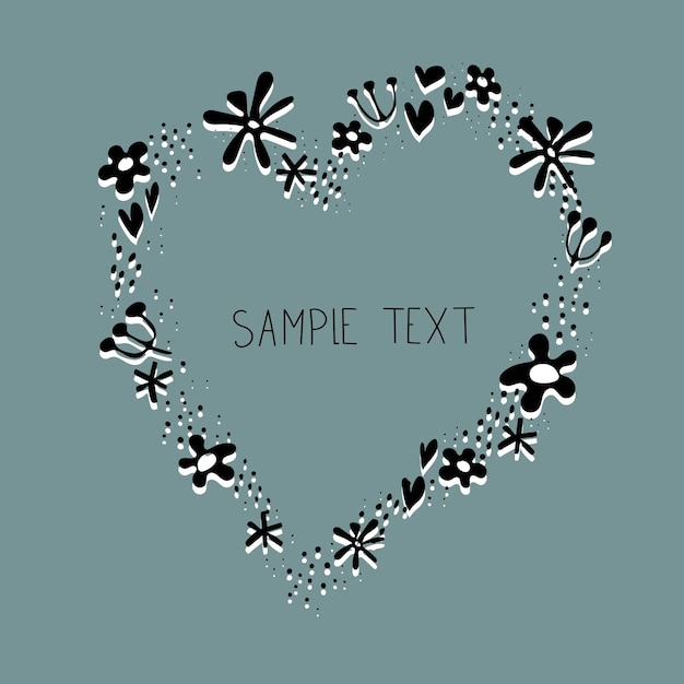 floral frame in the shape of a heart from stylized caricature flowers, leaves, decor elements, dots,