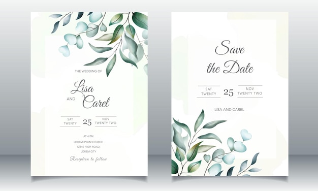 Floral frame wedding invitation template with greenery leaves