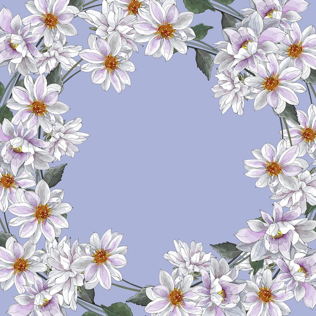 Vector floral frame of white flowers on blue background. dahlias and leaves.