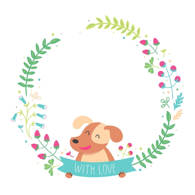 Floral frame with cute dog vector illustration hand drawn lettering