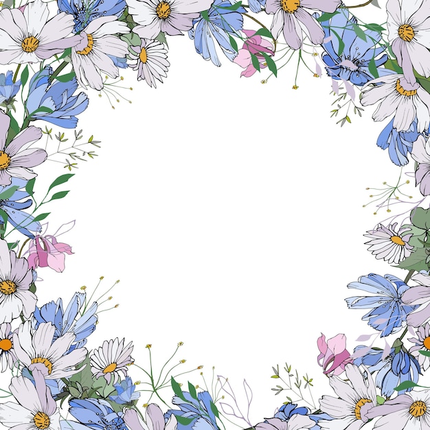 Vector floral frame with cute flowers on white background white blue and pink flowers