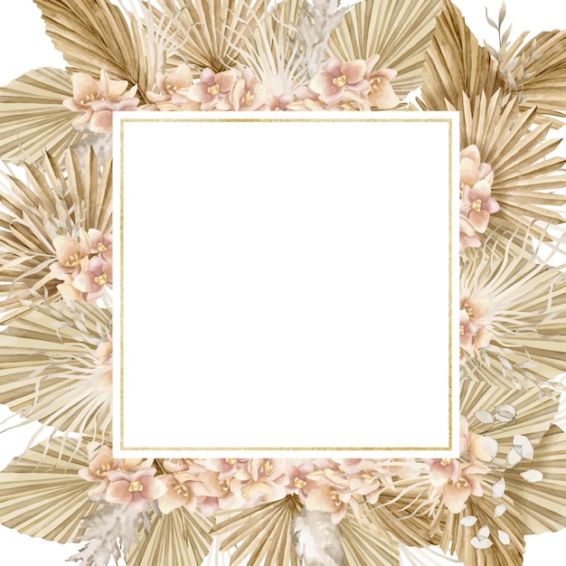 Floral frame with dry palm leaves and orchid flowers in boho style watercolor square tropical border hand drawn template for bohemian greeting cards or wedding invitations on isolate background