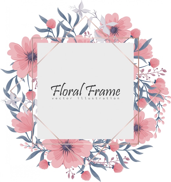 Cornice floreale con fiore rosa e blu.