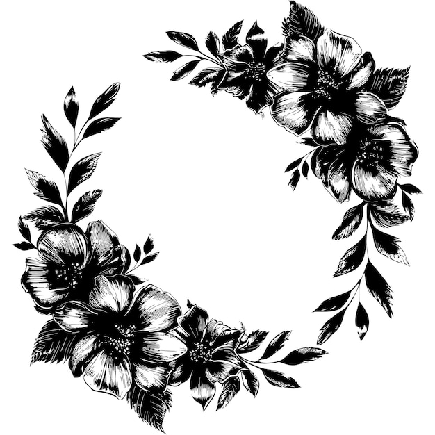フラワーフレームと花束の要素 - 結婚式の招待状のテンプレート - 黒色のみ