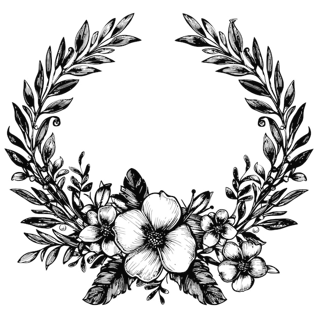 floral frame and wreath element for wedding invitation template black color only
