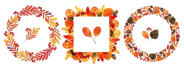 Floral frames instellen met aquarel herfst eikenbladeren, eikels, bessen en florale elementen in herfstkleuren