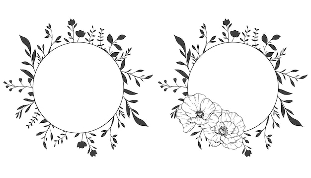 Floral Frames Line Art Fine Line Poppy Frames Handgetekende illustratie Overzicht Bladeren en bloemen