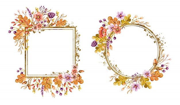 Vector floral frames set with autumn oak leaves, acorns, berries, flowers and floral elements in fall colors.