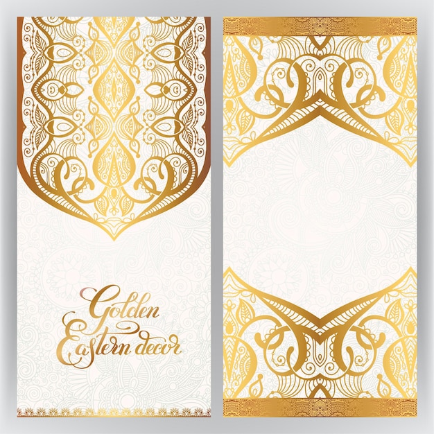 Цветочный золотой восточный декор с местом для вашего текста, узор пейсли для свадебного приглашения, поздравительная открытка на день рождения, упаковка, вечеринка и другой дизайн, векторная иллюстрация каллиграфии