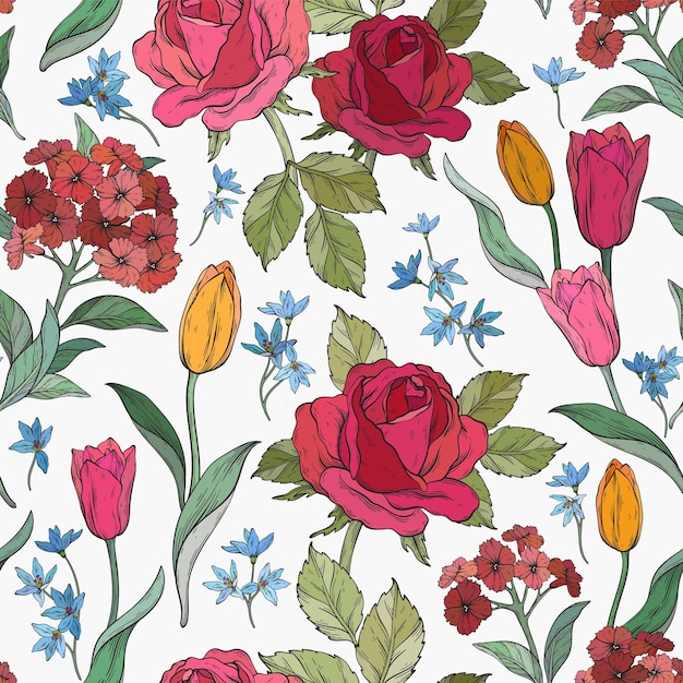 Floral graphic pattern Roses and tulips