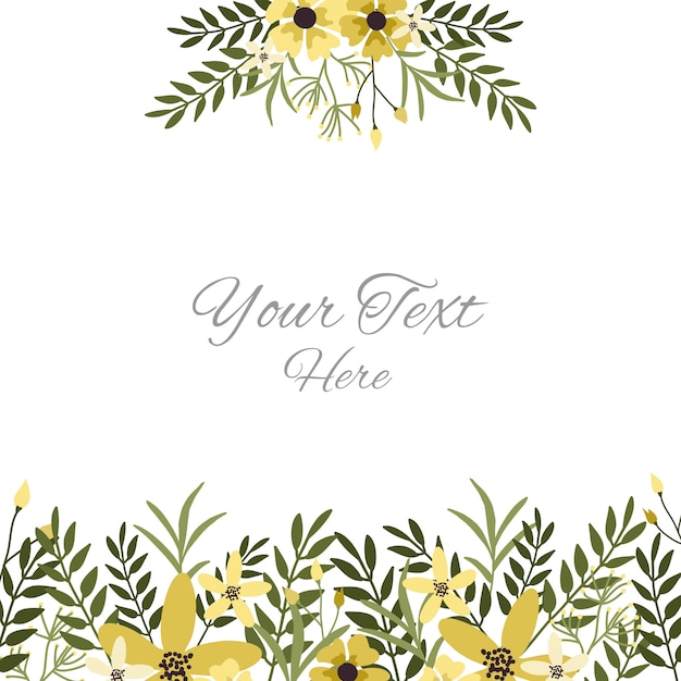 Vettore modello di biglietto floreale con fiori gialli, foglie e rami.