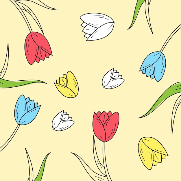 Floral hand drawn background Botanical art cream wallpaper with colorful tulip flowers and leaves